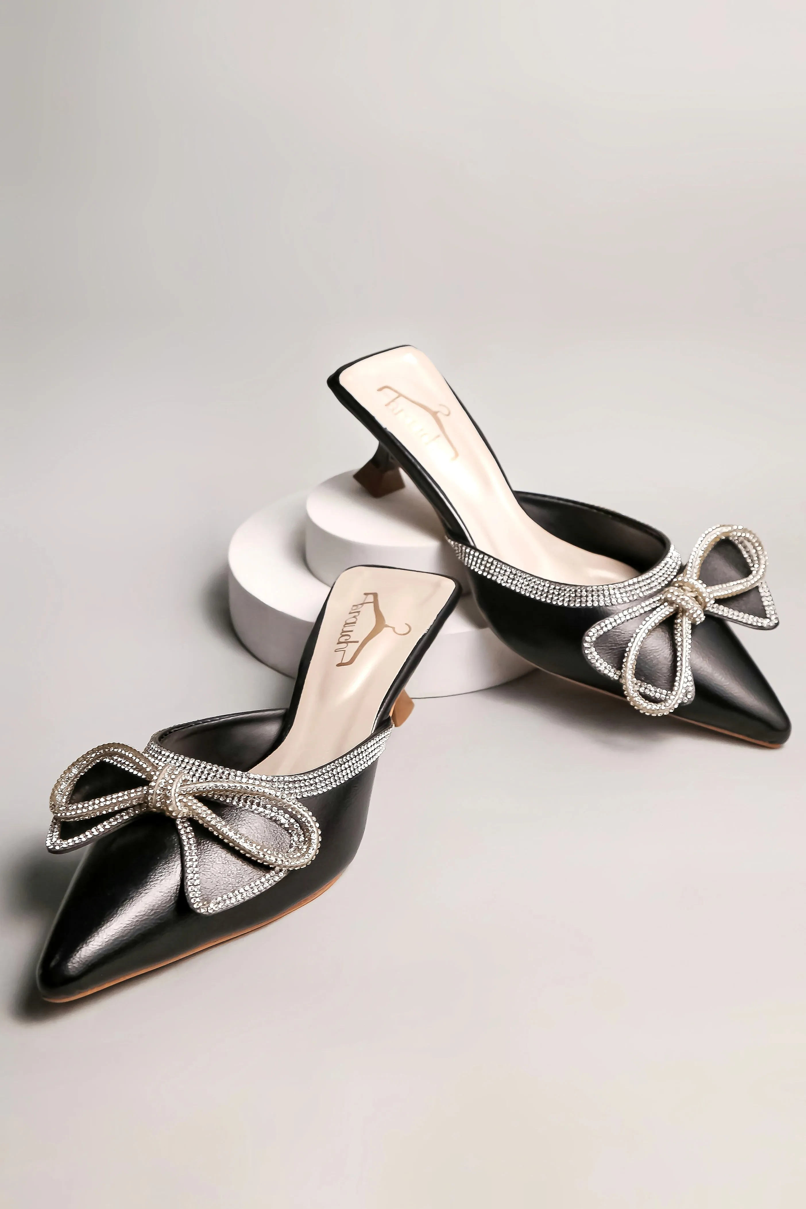 Brauch Black Embellished Rhinestone Bow Kitten Heel Mules