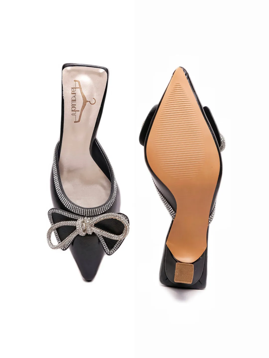 Brauch Black Embellished Rhinestone Bow Kitten Heel Mules