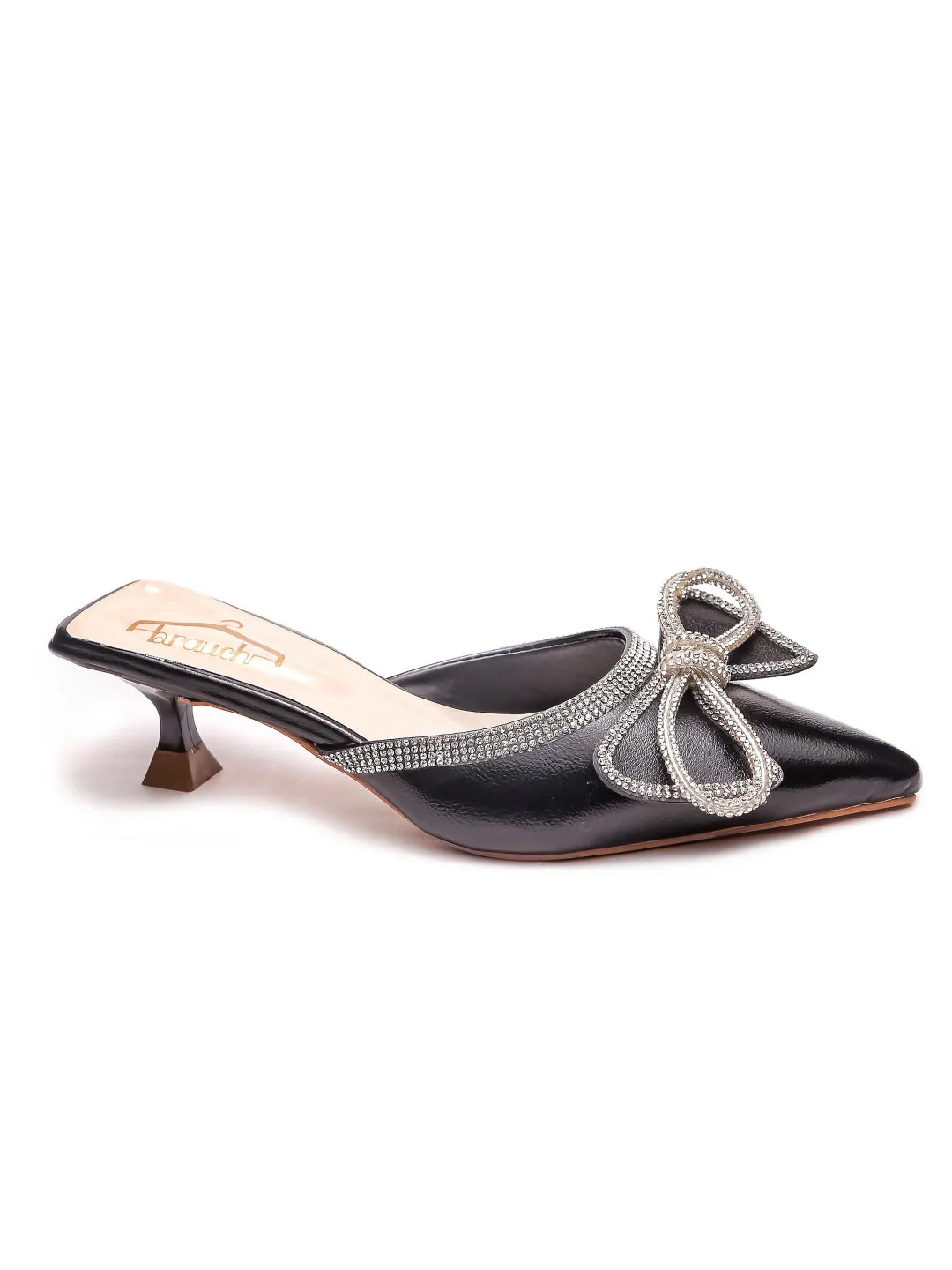 Brauch Black Embellished Rhinestone Bow Kitten Heel Mules