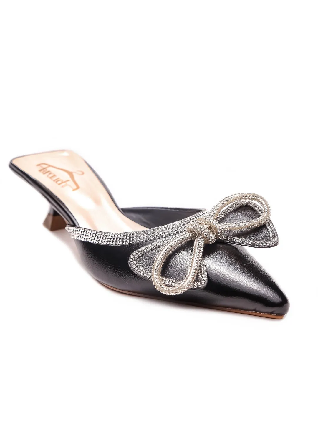 Brauch Black Embellished Rhinestone Bow Kitten Heel Mules