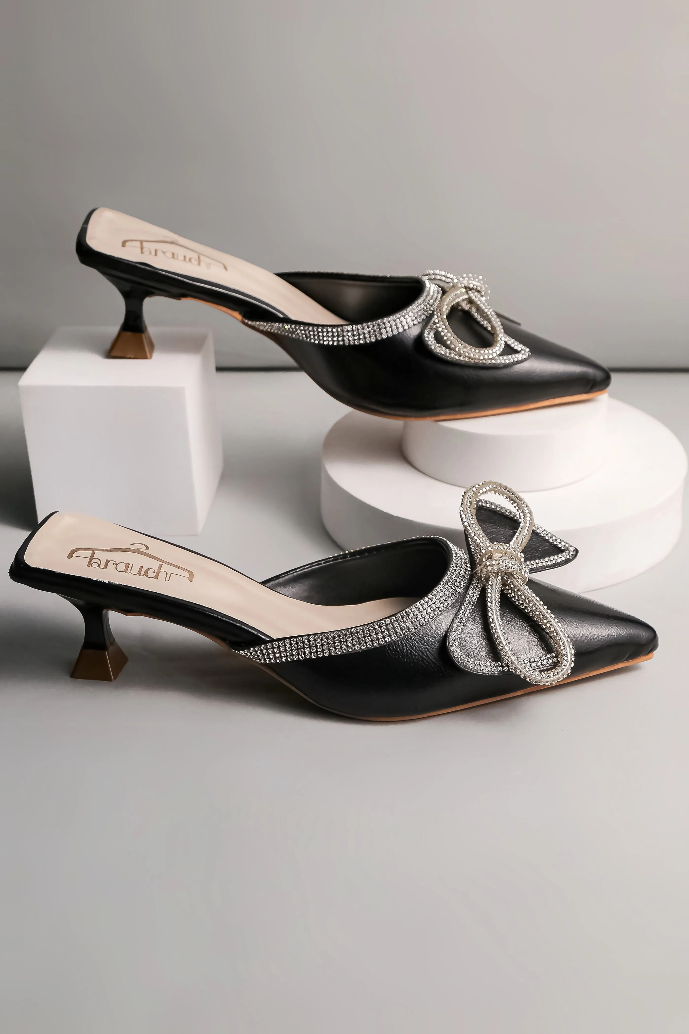 Brauch Black Embellished Rhinestone Bow Kitten Heel Mules