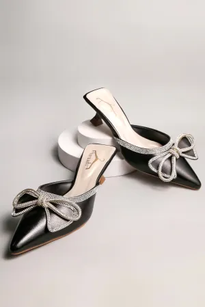 Brauch Black Embellished Rhinestone Bow Kitten Heel Mules