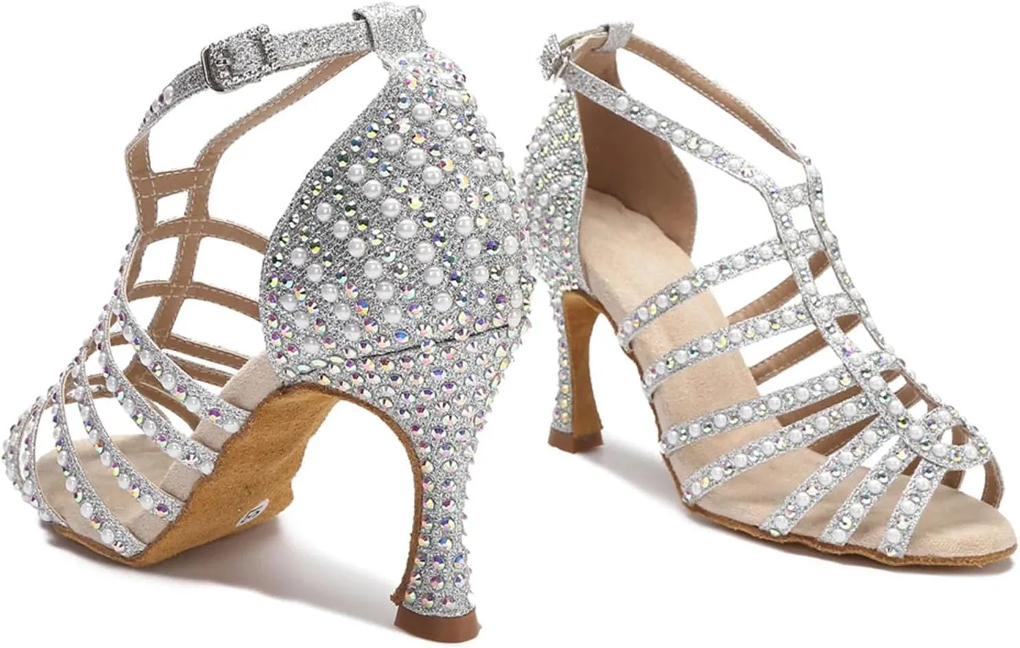 Bridal Pearl Dance Sandals - Tango Salsa Ballroom Party Heels (8.5CM/3.35")