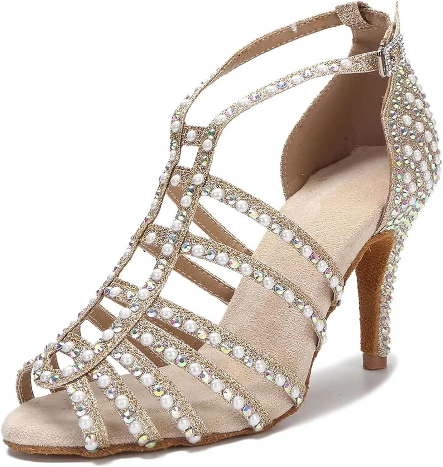Bridal Pearl Dance Sandals - Tango Salsa Ballroom Party Heels (8.5CM/3.35")