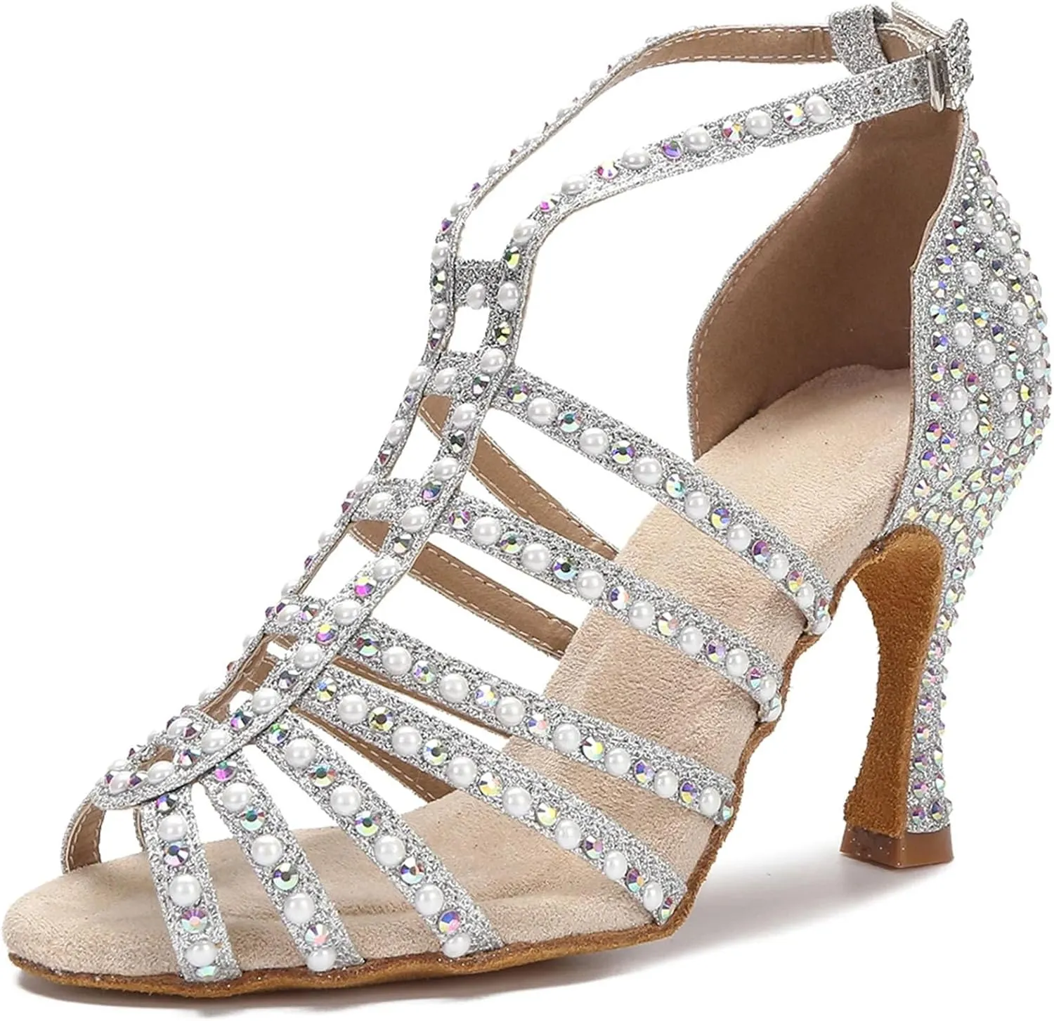 Bridal Pearl Dance Sandals - Tango Salsa Ballroom Party Heels (8.5CM/3.35")