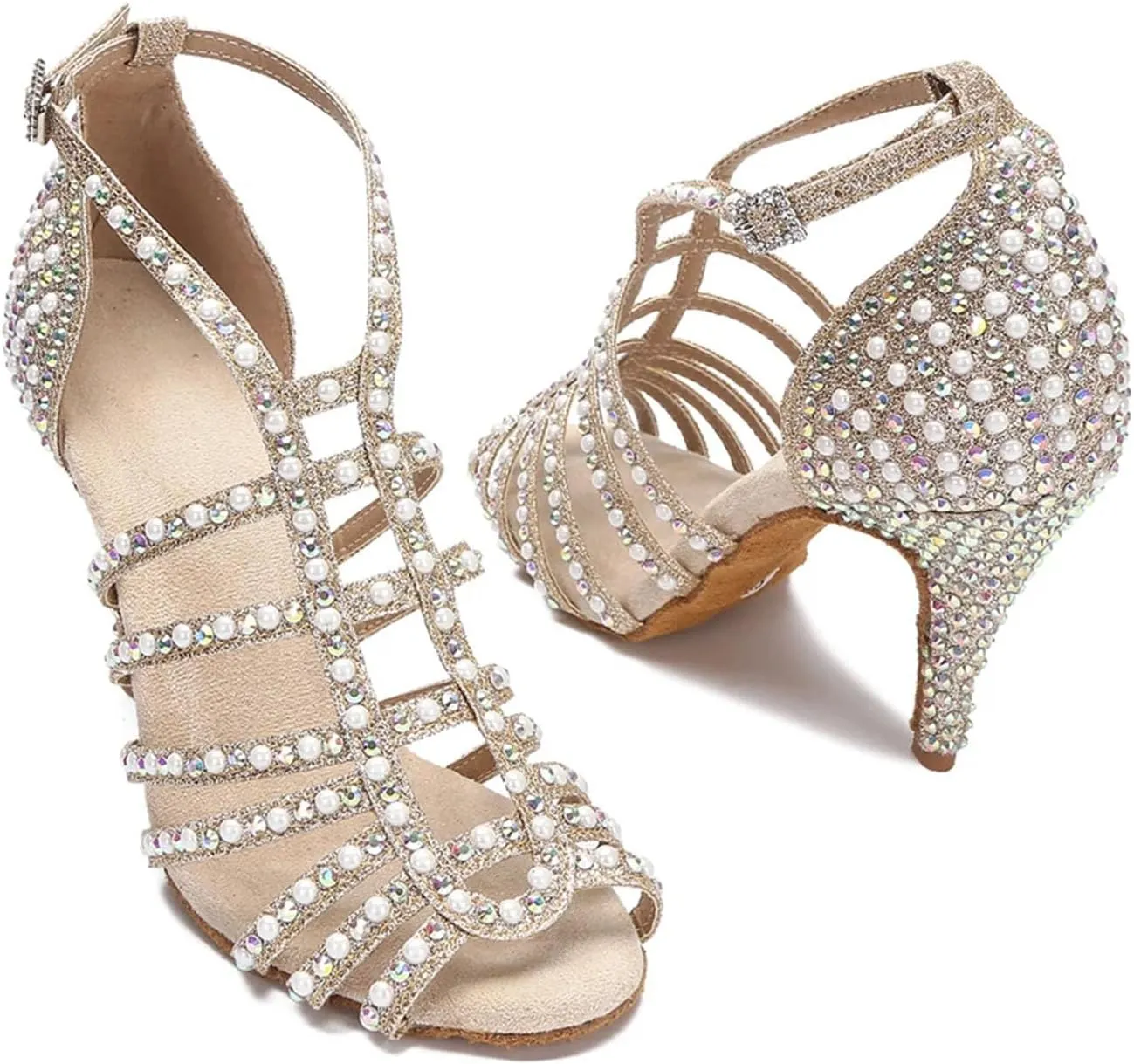 Bridal Pearl Dance Sandals - Tango Salsa Ballroom Party Heels (8.5CM/3.35")