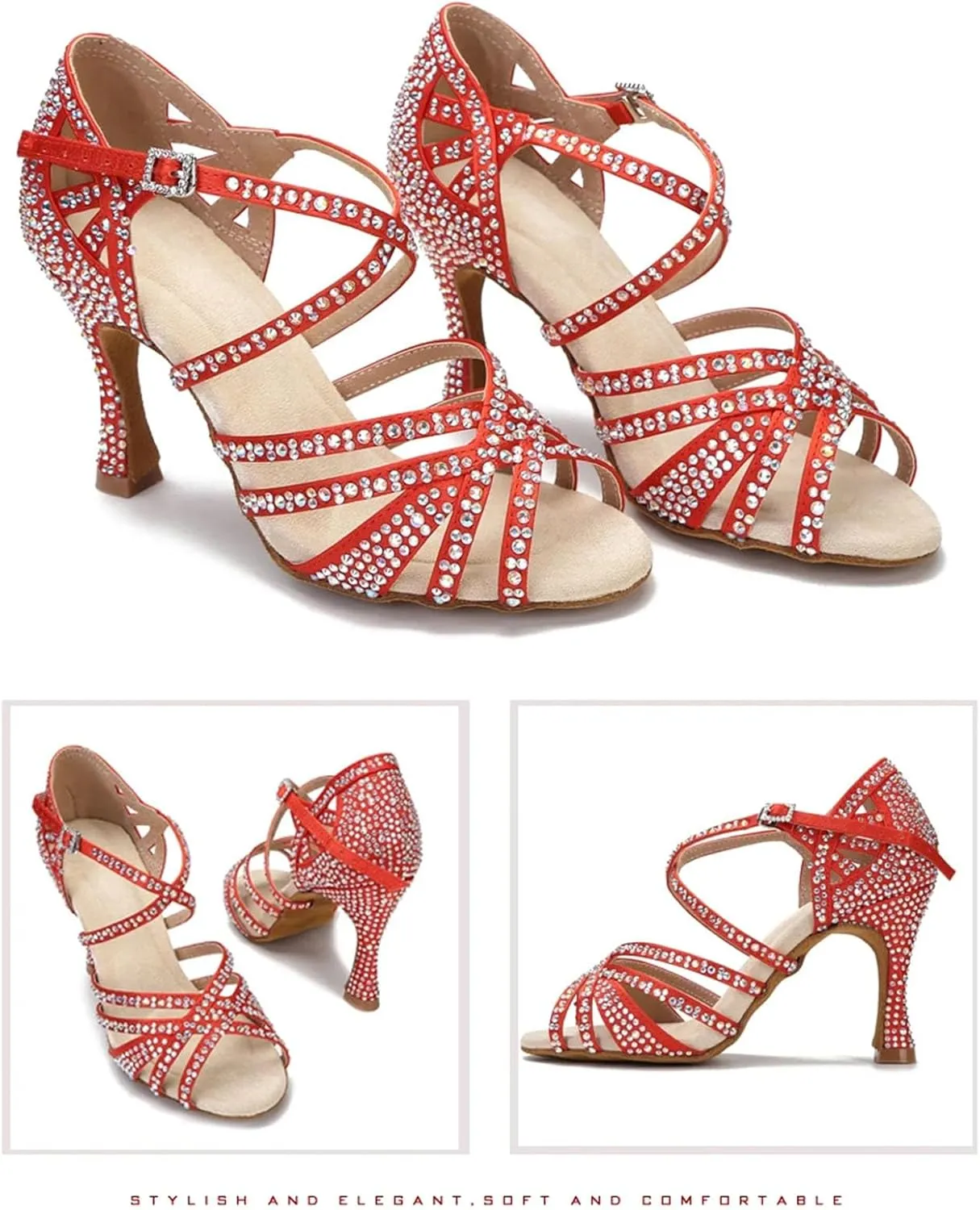 Bridal Satin Dance Sandals - Red Ballroom Party Heels with Rhinestones (8.5CM/3.35")