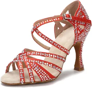 Bridal Satin Dance Sandals - Red Ballroom Party Heels with Rhinestones (8.5CM/3.35")