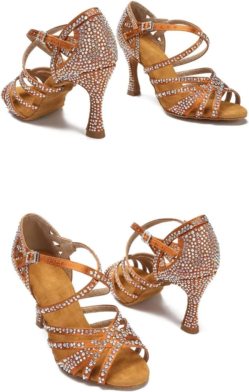 Bridal Satin Dance Sandals - Red Ballroom Party Heels with Rhinestones (8.5CM/3.35")