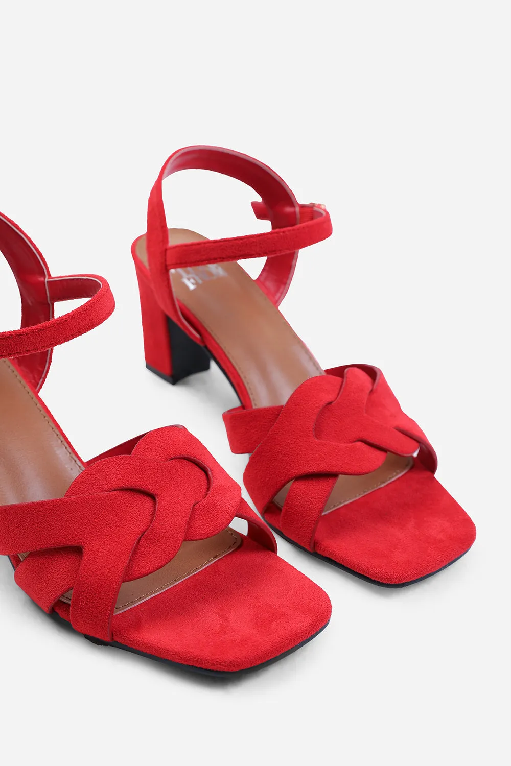 CALLIE LOW BLOCK HEEL WITH BRAIDED DETAIL IN RED SUEDE