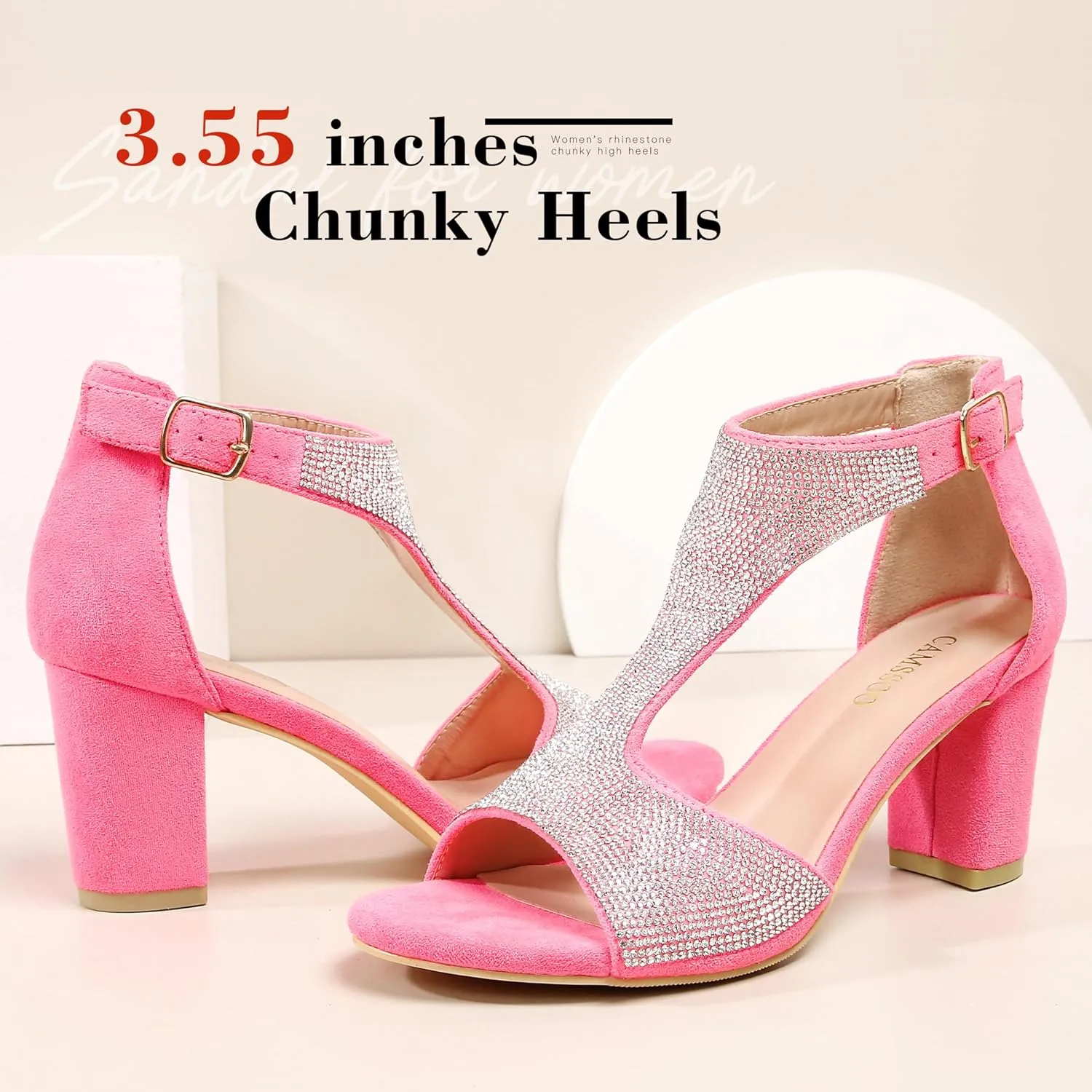 CAMSSOO Heels for Women Heeled Sandals Rhinestone Heels Peep Toe Pumps Sexy Chunky Block Heels Dressy Shoes Wedding Party Prom