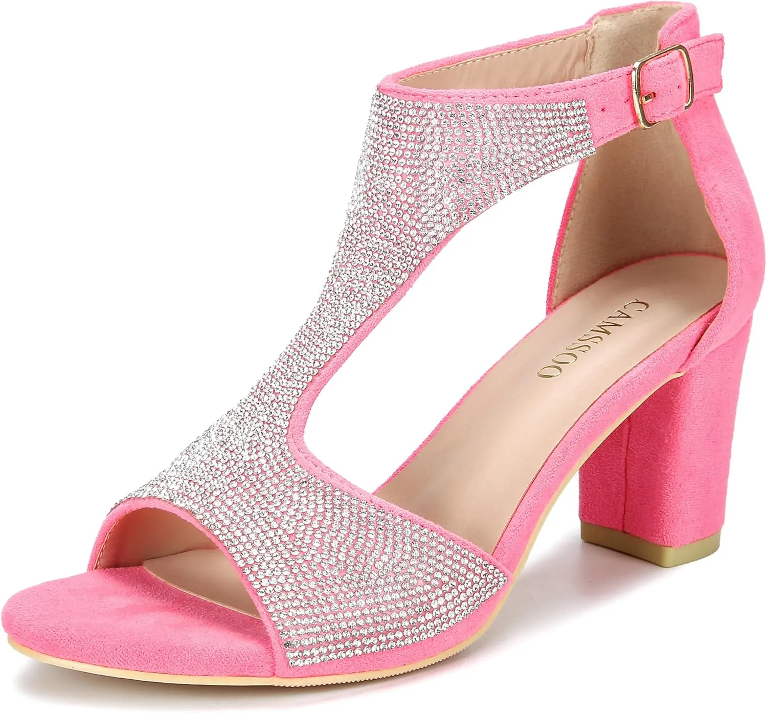 CAMSSOO Heels for Women Heeled Sandals Rhinestone Heels Peep Toe Pumps Sexy Chunky Block Heels Dressy Shoes Wedding Party Prom