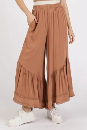Caramel Color Lace Ruffle Asymmetric Hem Wide Leg Pants
