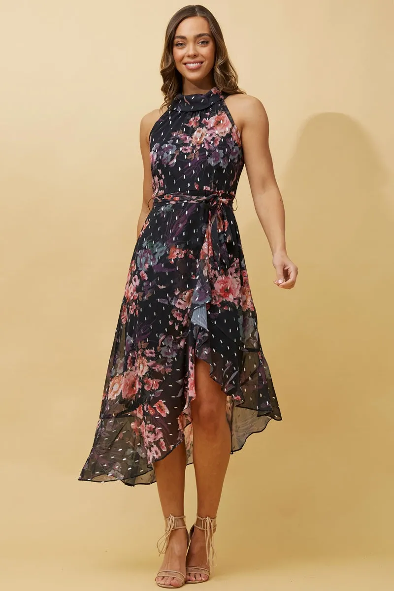 Caroline Morgan Sleeveless Halter Neck Foil  Floral Print Dress with Frill Detail Black Pink Floral 10