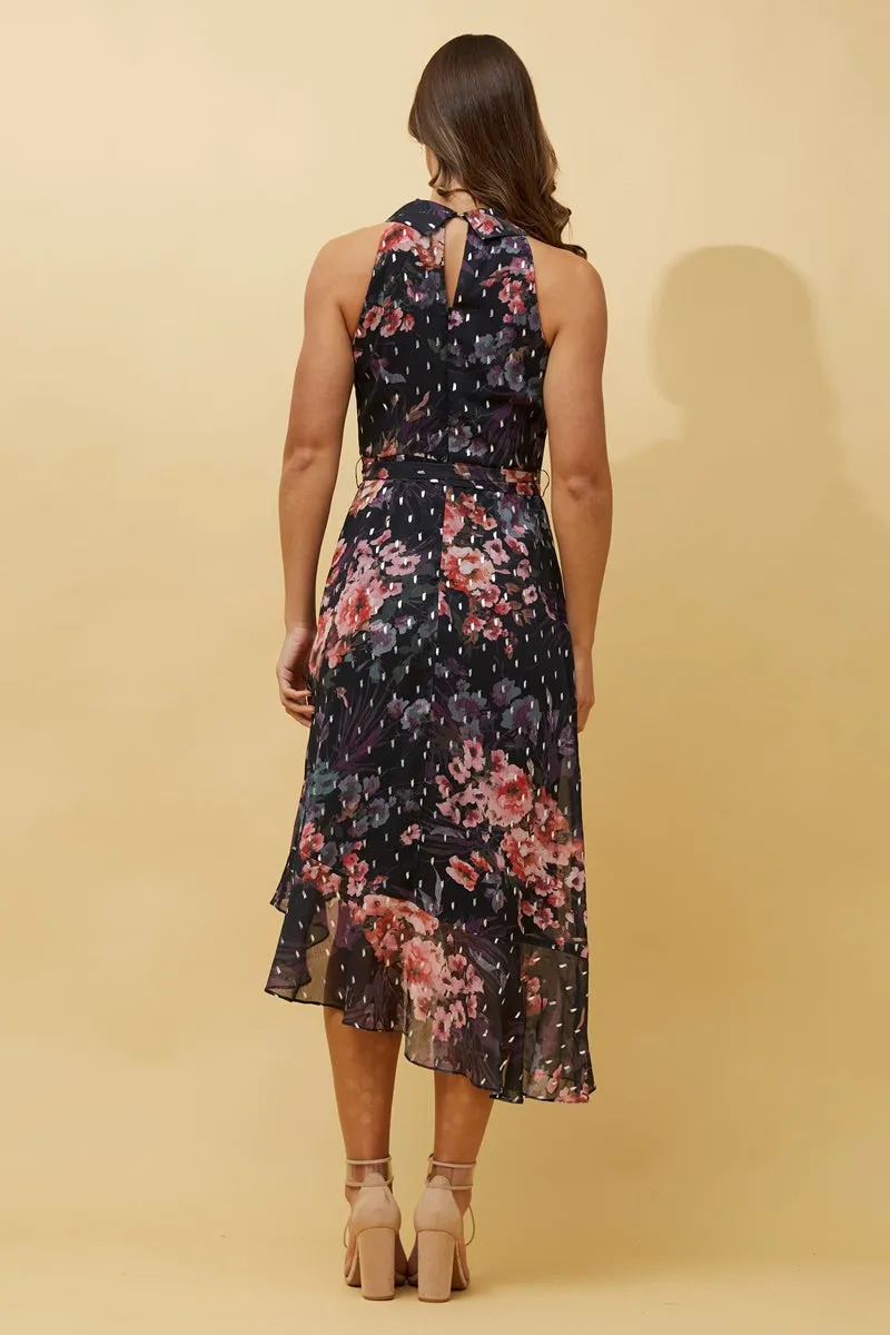 Caroline Morgan Sleeveless Halter Neck Foil  Floral Print Dress with Frill Detail Black Pink Floral 10
