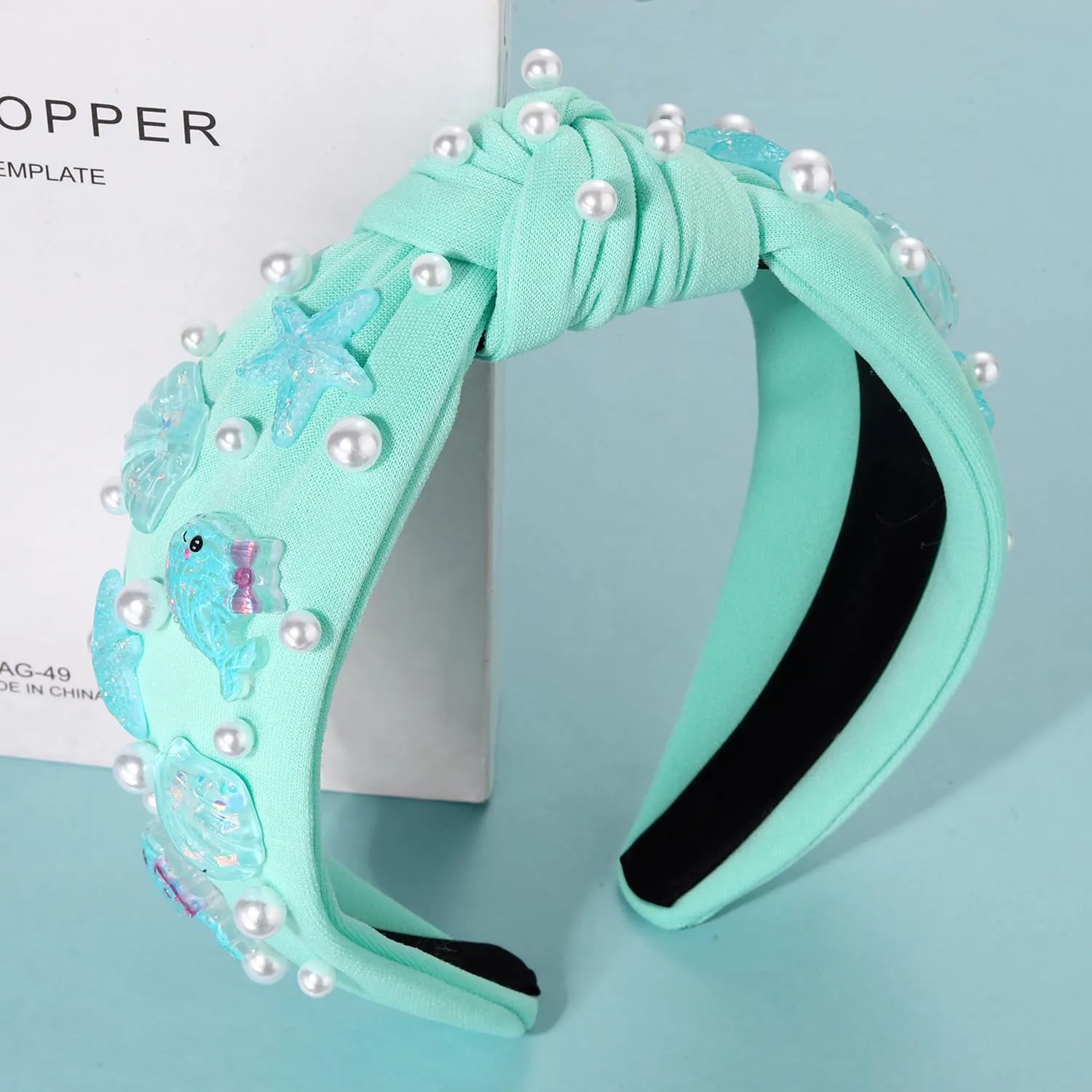 CEALXHENY Seashell Headband Summer Headbands for Women Ocean Fish Puka Shell Headband White Blue Crystal Rhinestone Jeweled Knotted Headband Summer Beach Wedding Hair Accessories Gifts (Pattern H)