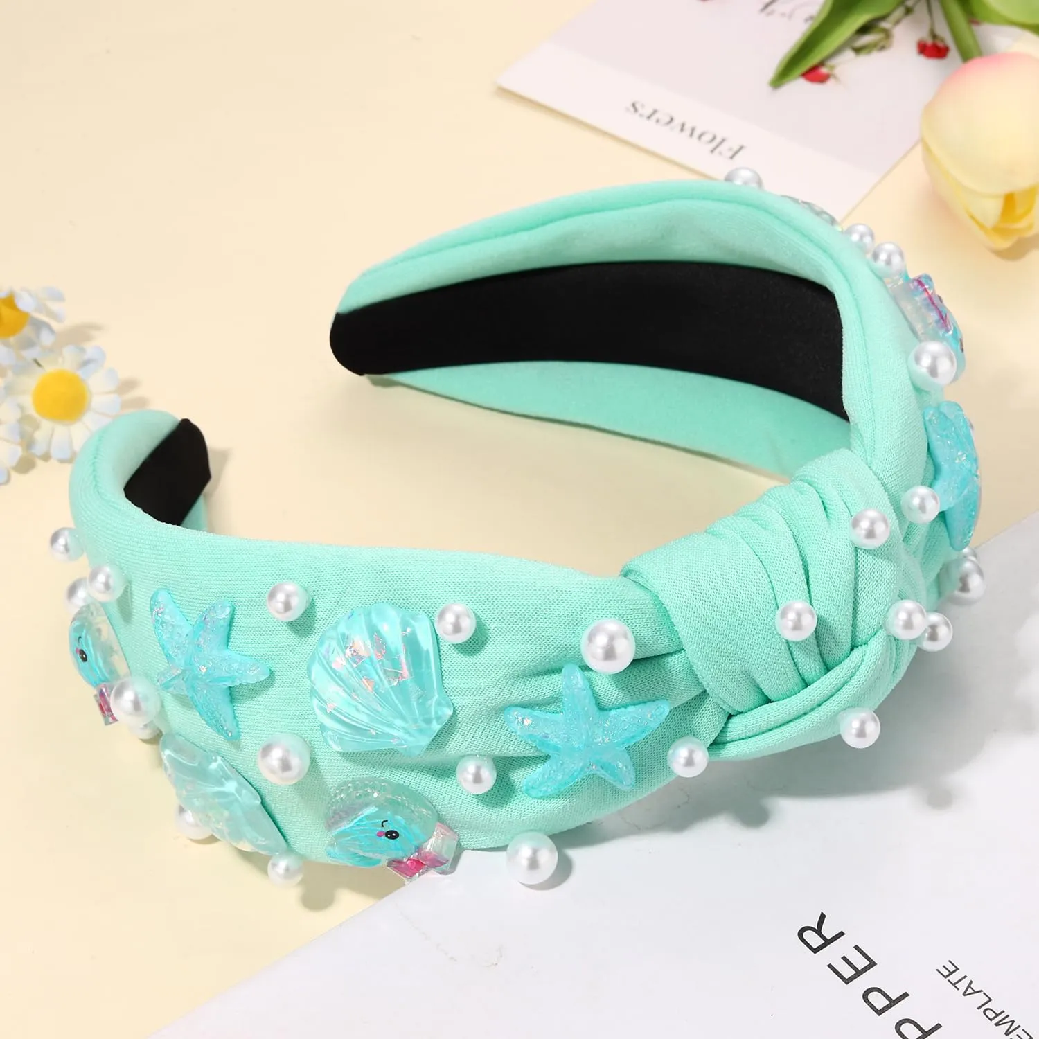 CEALXHENY Seashell Headband Summer Headbands for Women Ocean Fish Puka Shell Headband White Blue Crystal Rhinestone Jeweled Knotted Headband Summer Beach Wedding Hair Accessories Gifts (Pattern H)