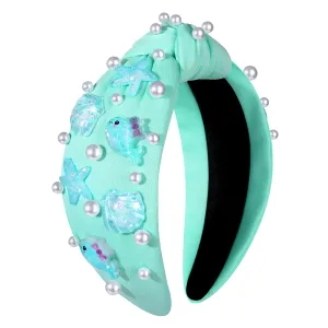 CEALXHENY Seashell Headband Summer Headbands for Women Ocean Fish Puka Shell Headband White Blue Crystal Rhinestone Jeweled Knotted Headband Summer Beach Wedding Hair Accessories Gifts (Pattern H)