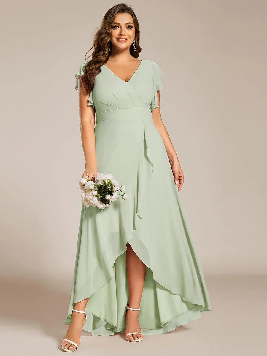 Celia | Elegant Ruffled Chiffon High-Low Bridesmaid Dress with Backless Design