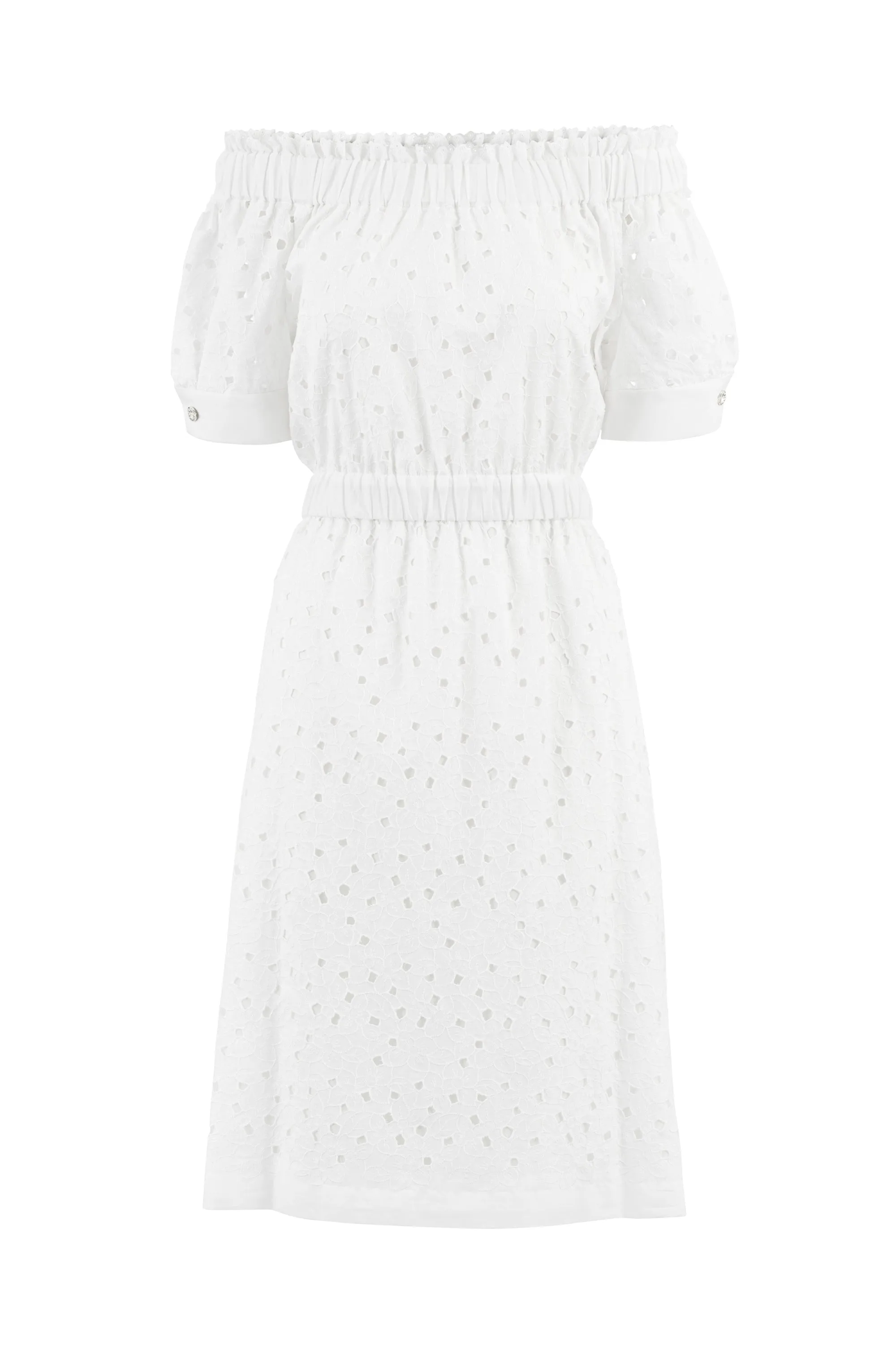 CENTELLA WHITE FLORAL BRODERIE ANGLAISE COTTON-POPLIN OFF-THE-SHOULDER DRESS