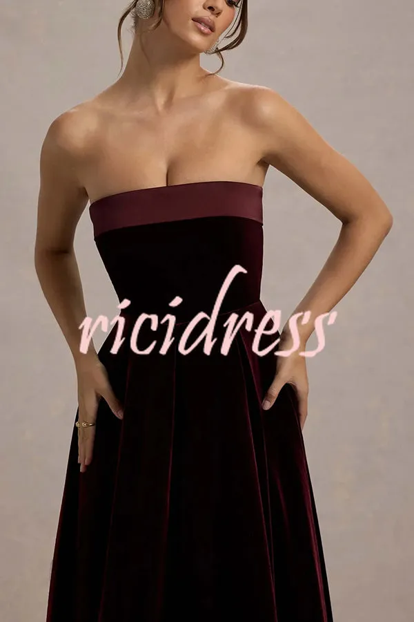 Center of Attention Velvet Satin Neck Bandeau Pleated Midi Dress