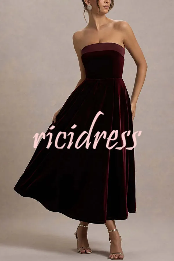 Center of Attention Velvet Satin Neck Bandeau Pleated Midi Dress