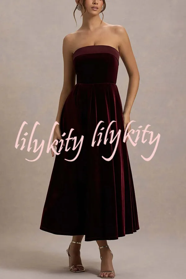 Center of Attention Velvet Satin Neck Bandeau Pleated Midi Dress