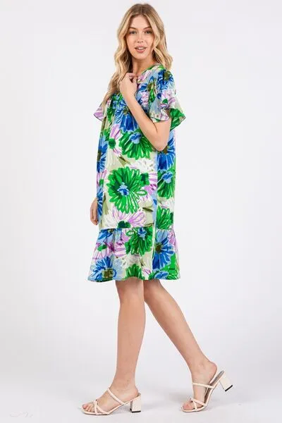 Ces Femme Floral Ruffled Short Sleeve Dress