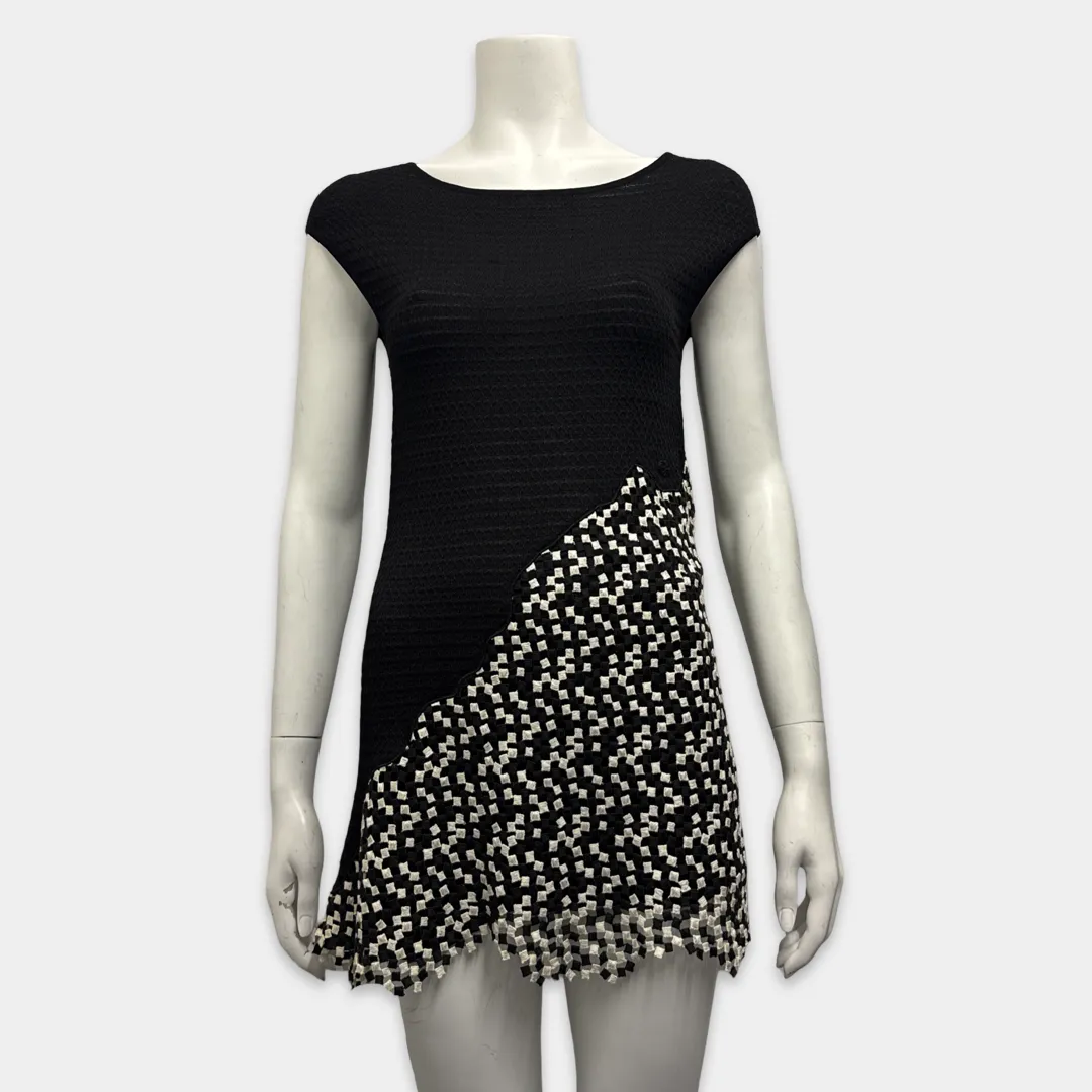 Chanel Women's Black and White Asymmetric Paneled Knit Dress