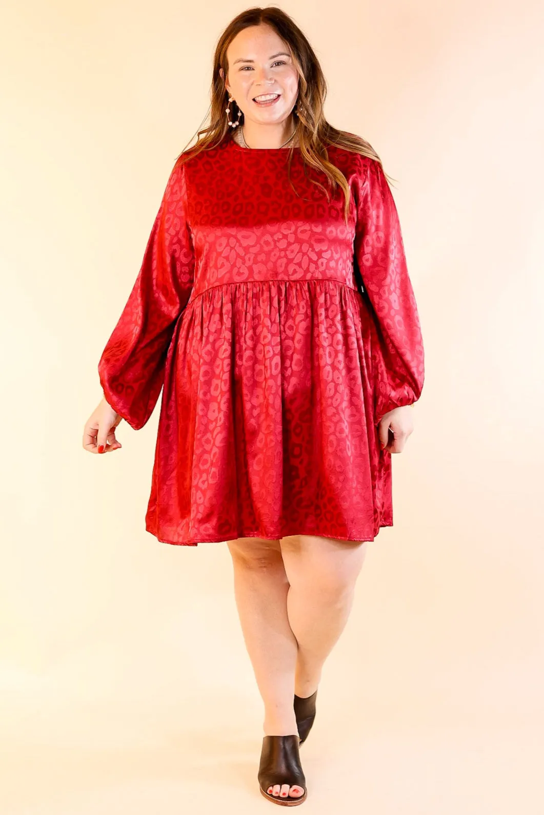 Change Is Coming Leopard Print Babydoll Dress with Long Sleeves in Dark Red