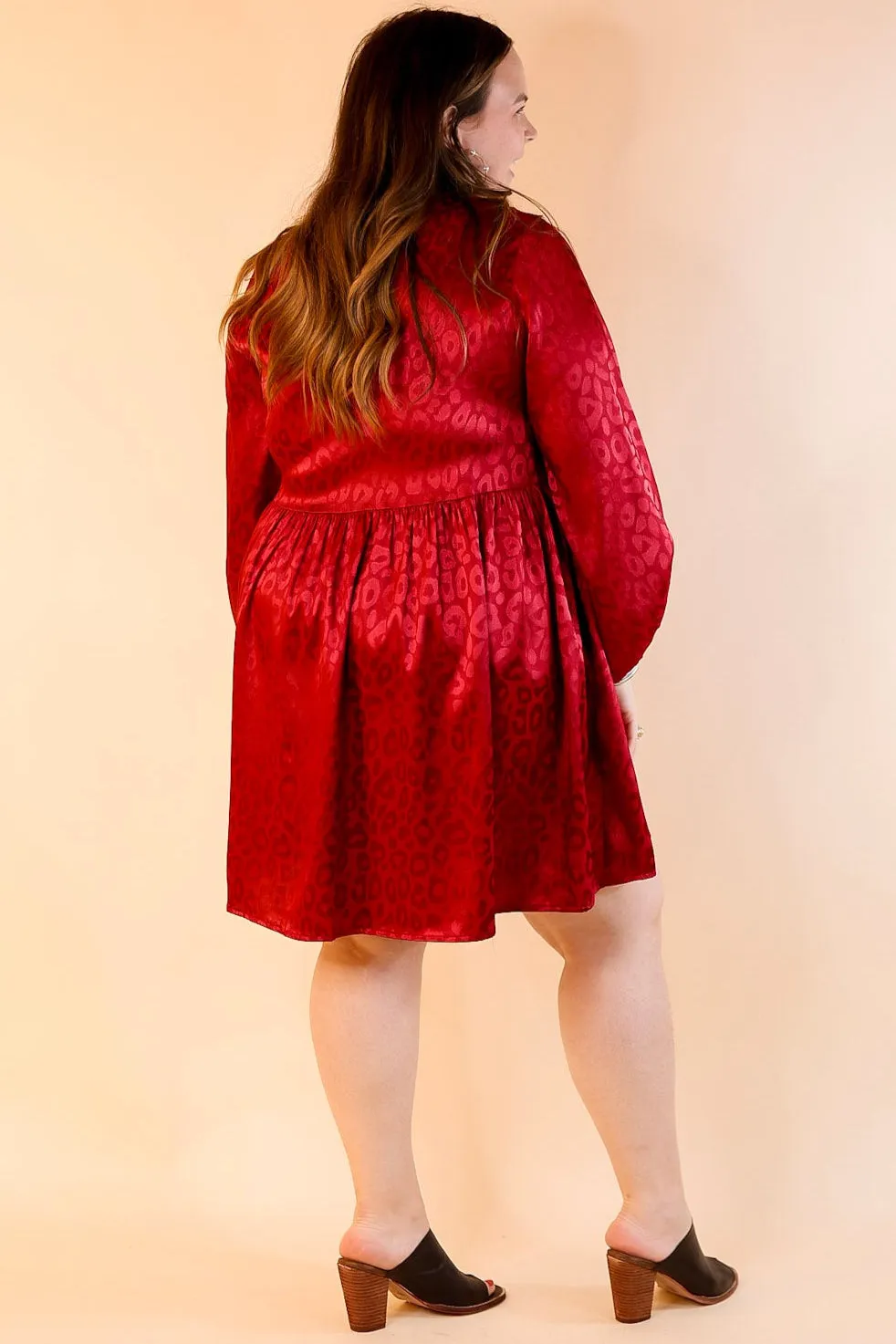 Change Is Coming Leopard Print Babydoll Dress with Long Sleeves in Dark Red