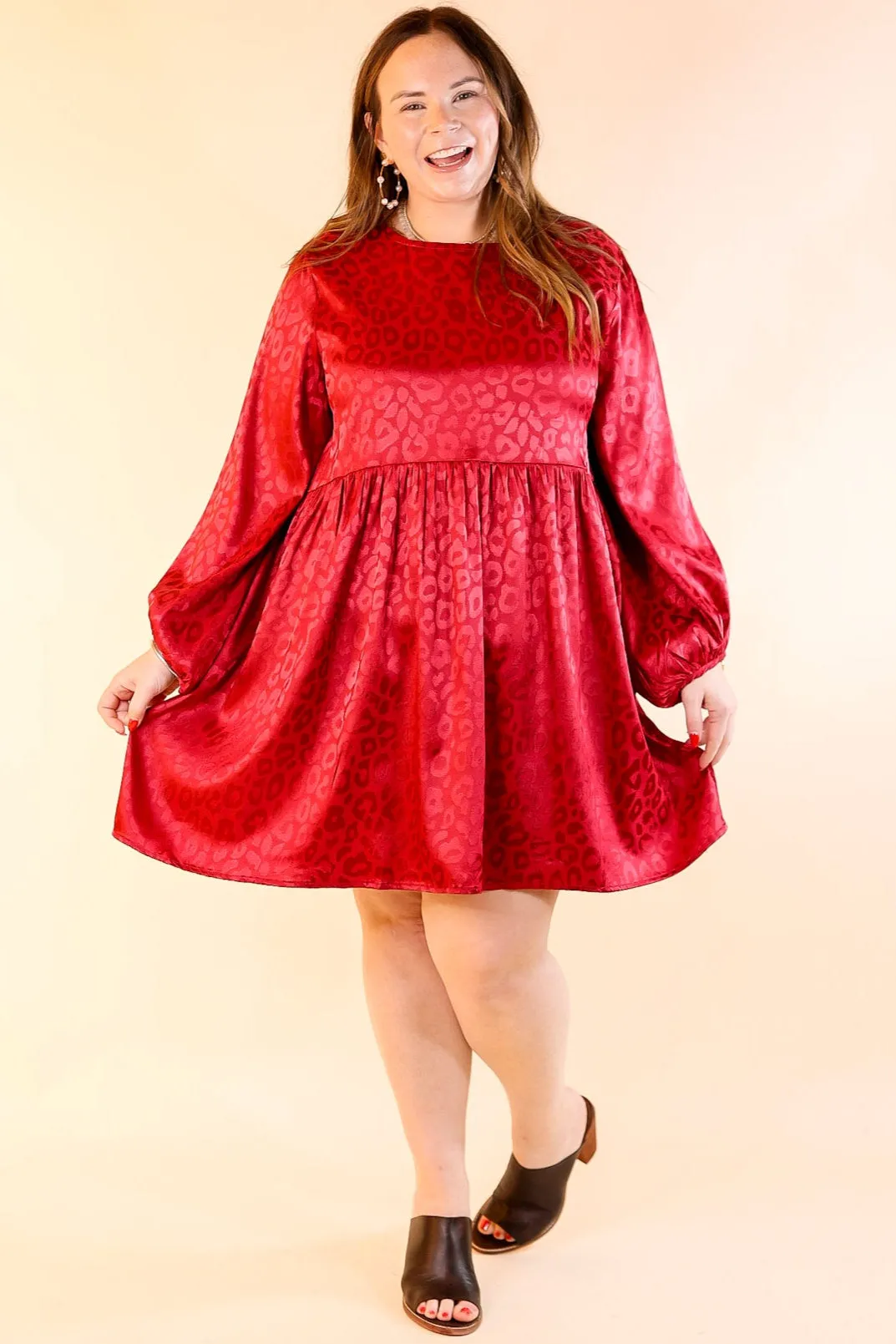 Change Is Coming Leopard Print Babydoll Dress with Long Sleeves in Dark Red