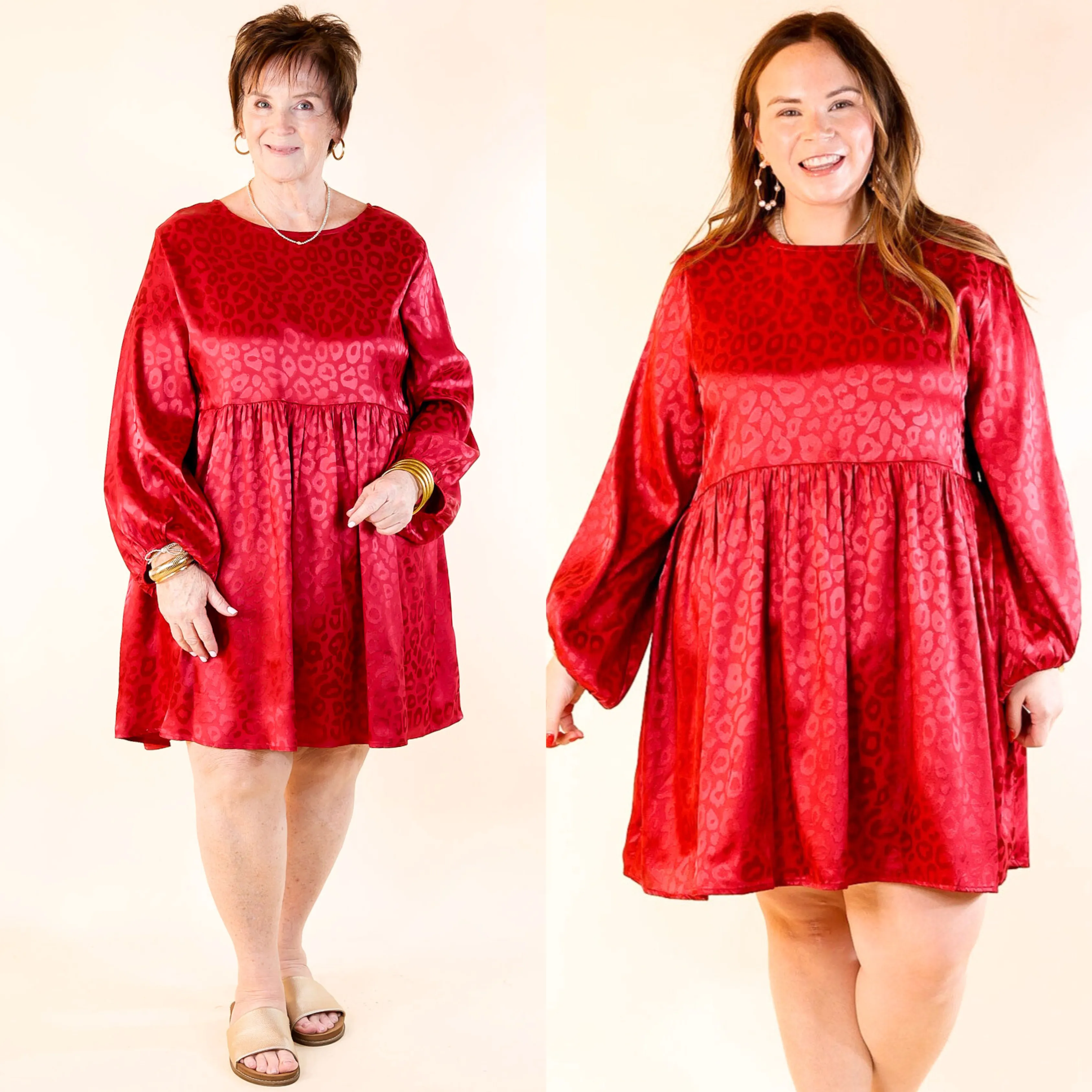 Change Is Coming Leopard Print Babydoll Dress with Long Sleeves in Dark Red