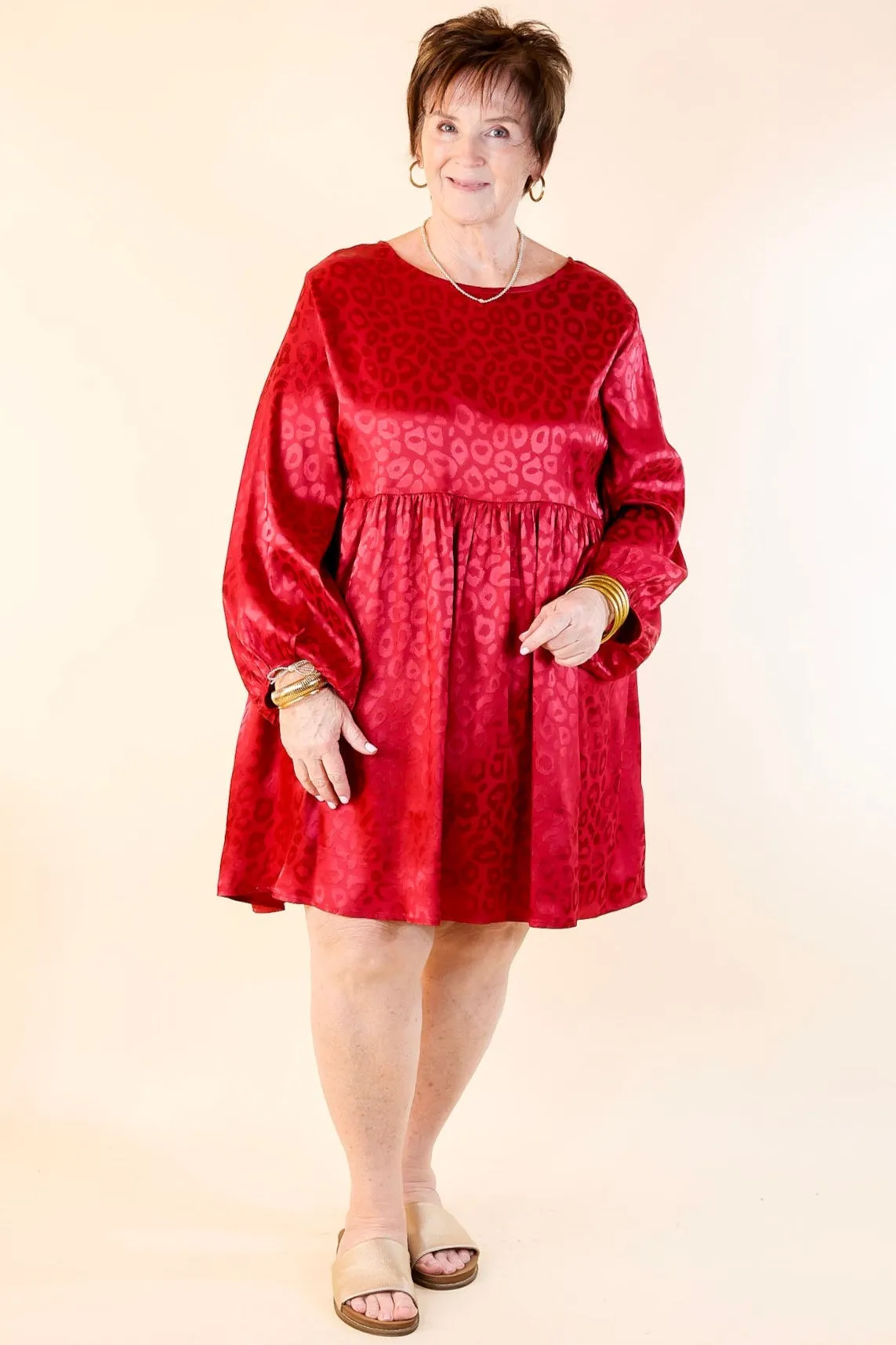 Change Is Coming Leopard Print Babydoll Dress with Long Sleeves in Dark Red