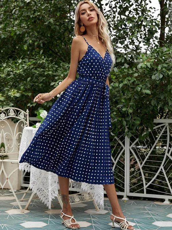 Charming Polka-Dot Lace-Up Midi Dress