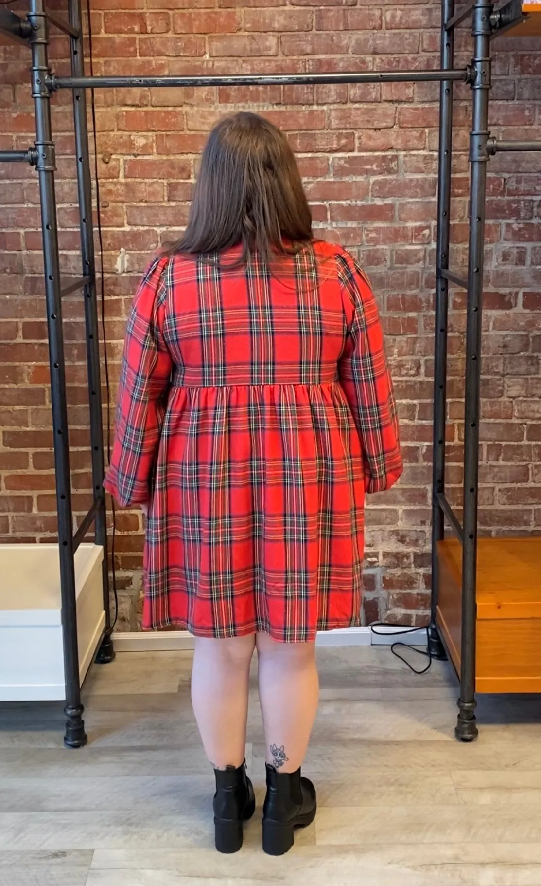 Checkered Plaid Front Tie Round Neck Shirred Mini Dress