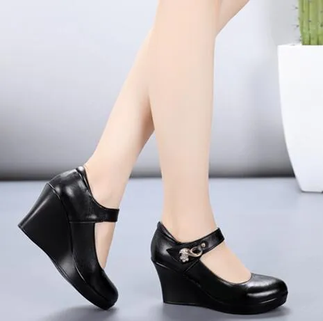 Chic Black Cow Leather High Heel Wedges for Women