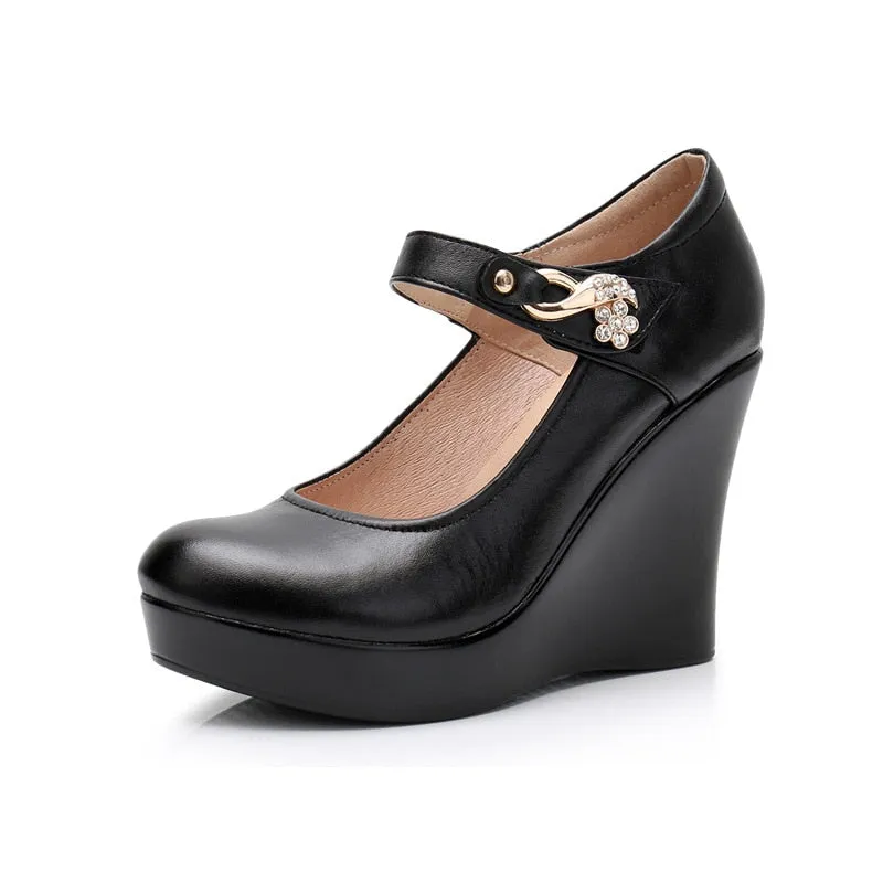 Chic Black Cow Leather High Heel Wedges for Women
