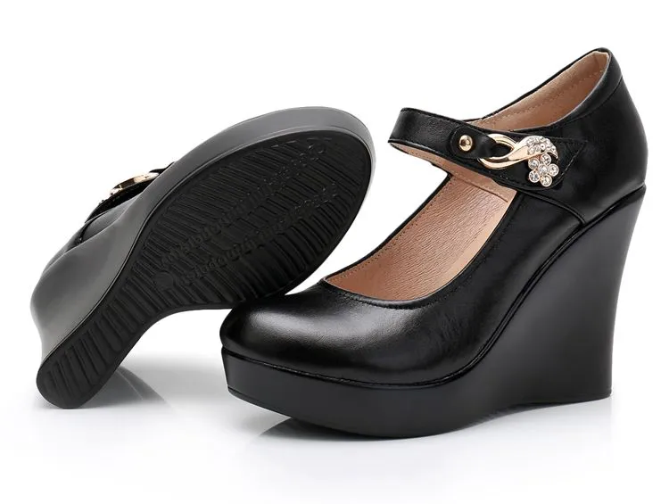 Chic Black Cow Leather High Heel Wedges for Women