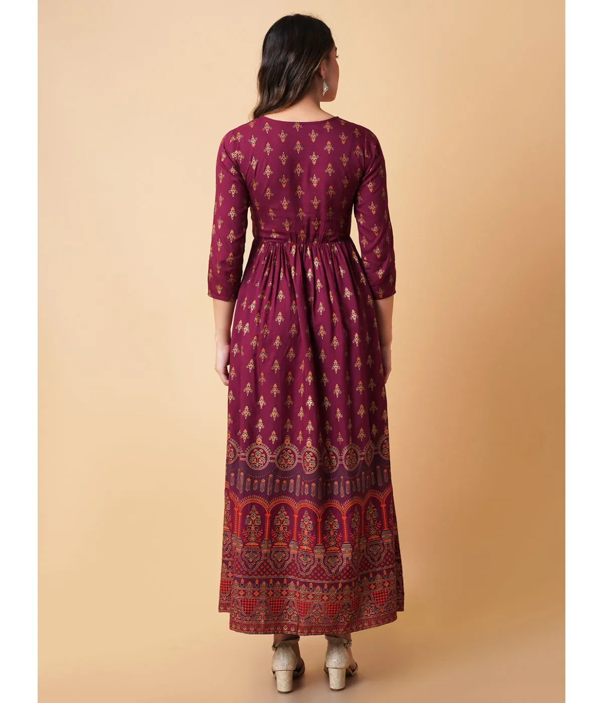 Chic Gold Printed Fit & Flare  Dress