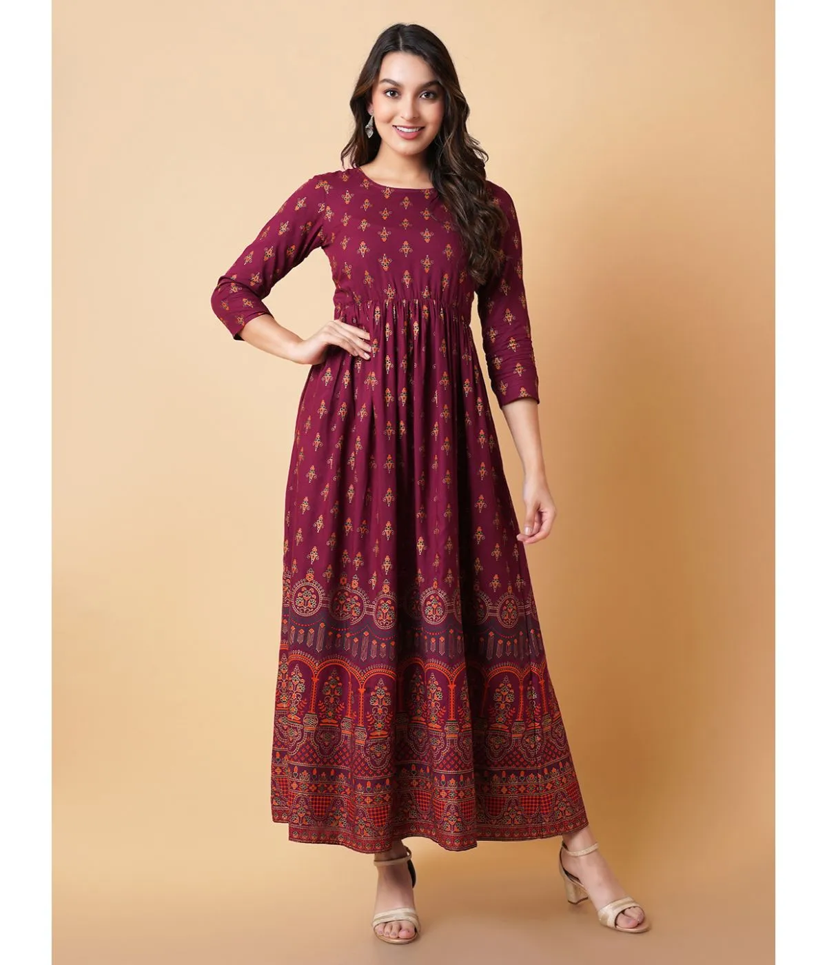 Chic Gold Printed Fit & Flare  Dress