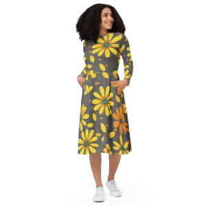 Chic Long Sleeve Midi Dress with Large Yellow Flowers