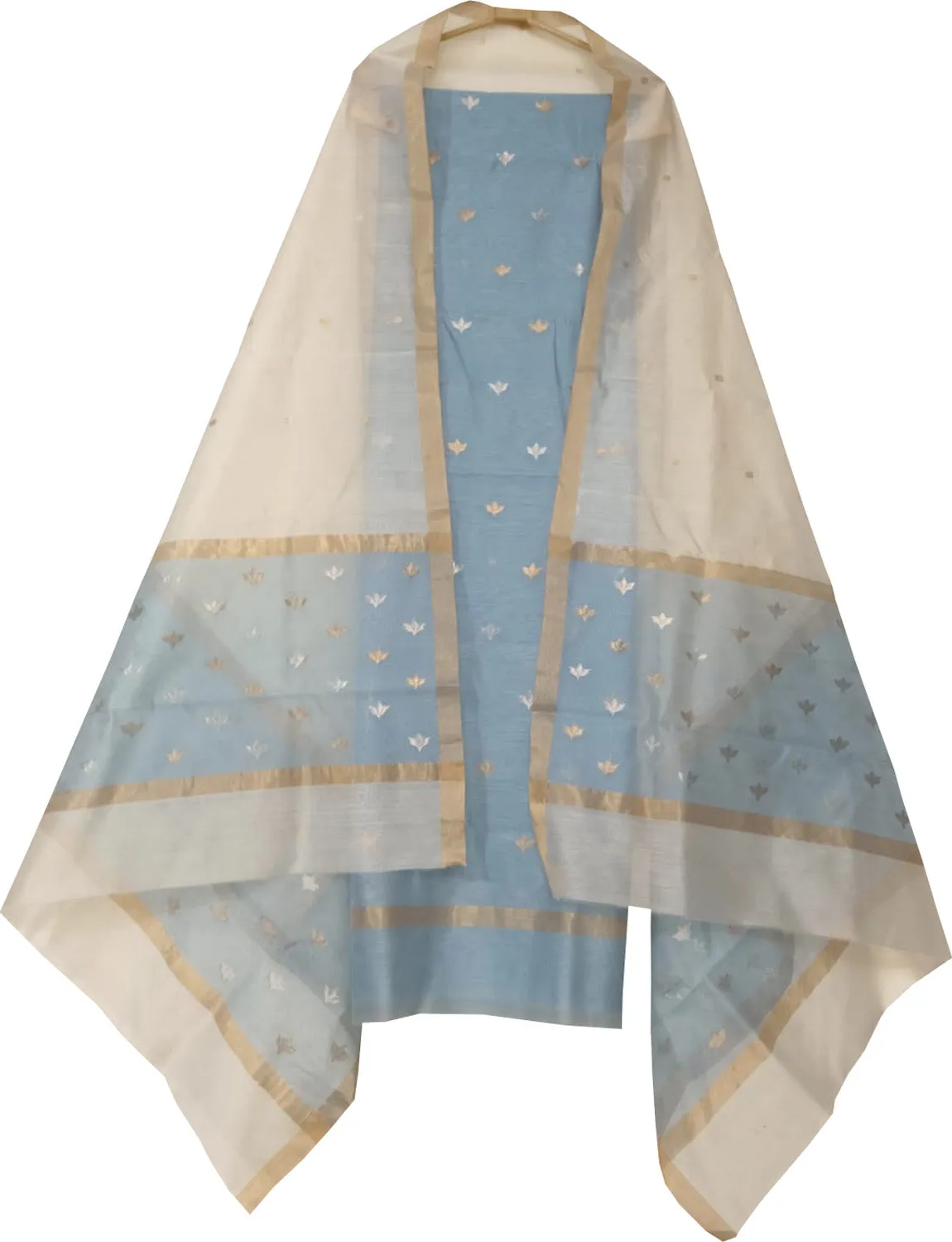Chic Off White & Blue Chanderi Handloom Suit Set