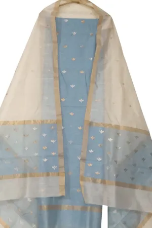 Chic Off White & Blue Chanderi Handloom Suit Set