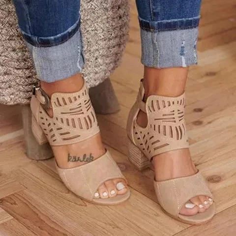 Chicvane Adjustable Ankle Strap Gladiator Hollow Out Chunky Heel Sandals