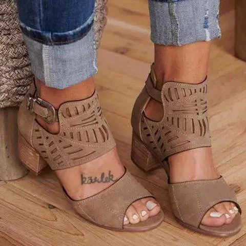 Chicvane Adjustable Ankle Strap Gladiator Hollow Out Chunky Heel Sandals