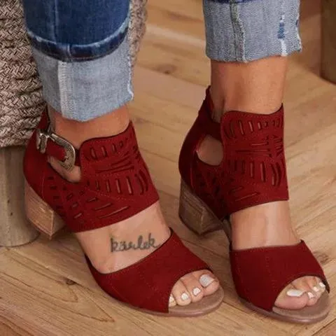Chicvane Adjustable Ankle Strap Gladiator Hollow Out Chunky Heel Sandals