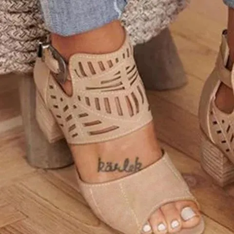 Chicvane Adjustable Ankle Strap Gladiator Hollow Out Chunky Heel Sandals