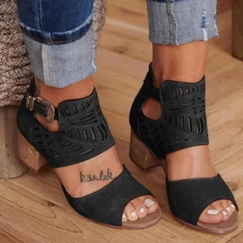 Chicvane Adjustable Ankle Strap Gladiator Hollow Out Chunky Heel Sandals