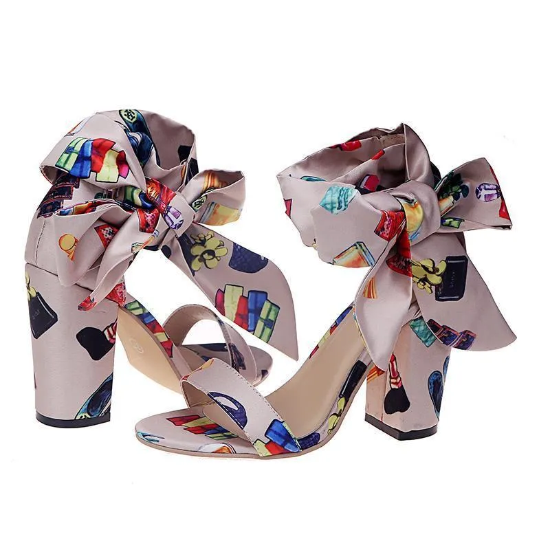 Chicvane Cartoon Print Bowknot High Heel Sandals